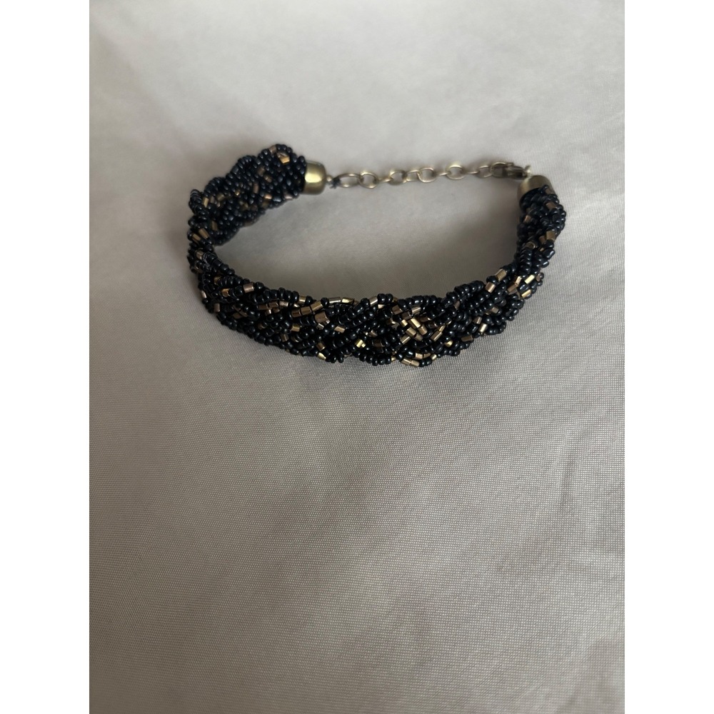 Braided Seed Bead Bracelet Black Bronze Metallic Woven Adjustable Boho Jewelry
